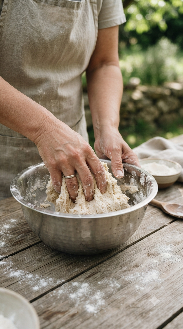 Mains pétrissant une pâte simple de farine et d’eau dans un bol en métal