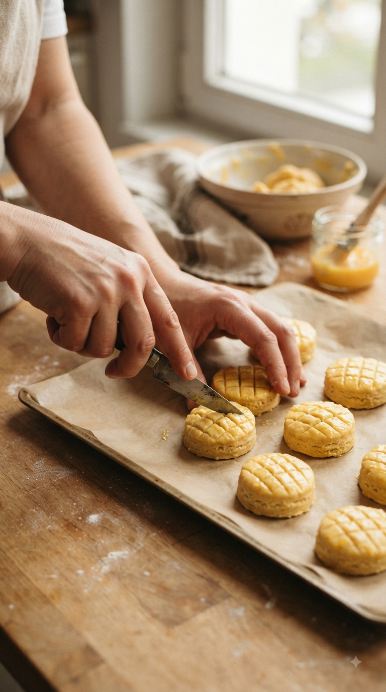 Mains découpant la pâte à pogácsa à l’emporte-pièce