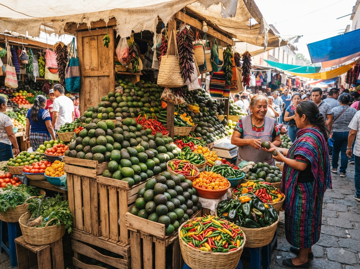 Marché mexicain avec étal d’avocats empilés