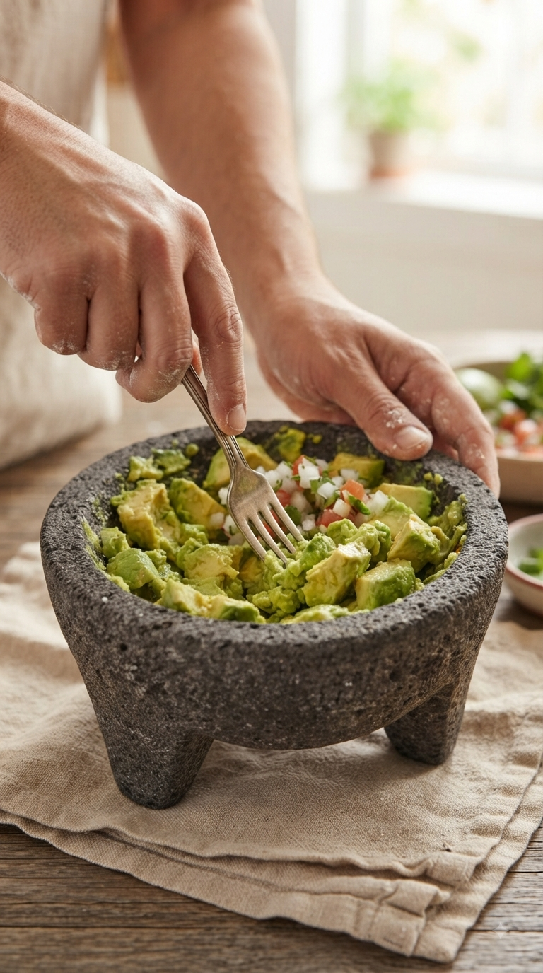 Mains écrasant l’avocat à la fourchette