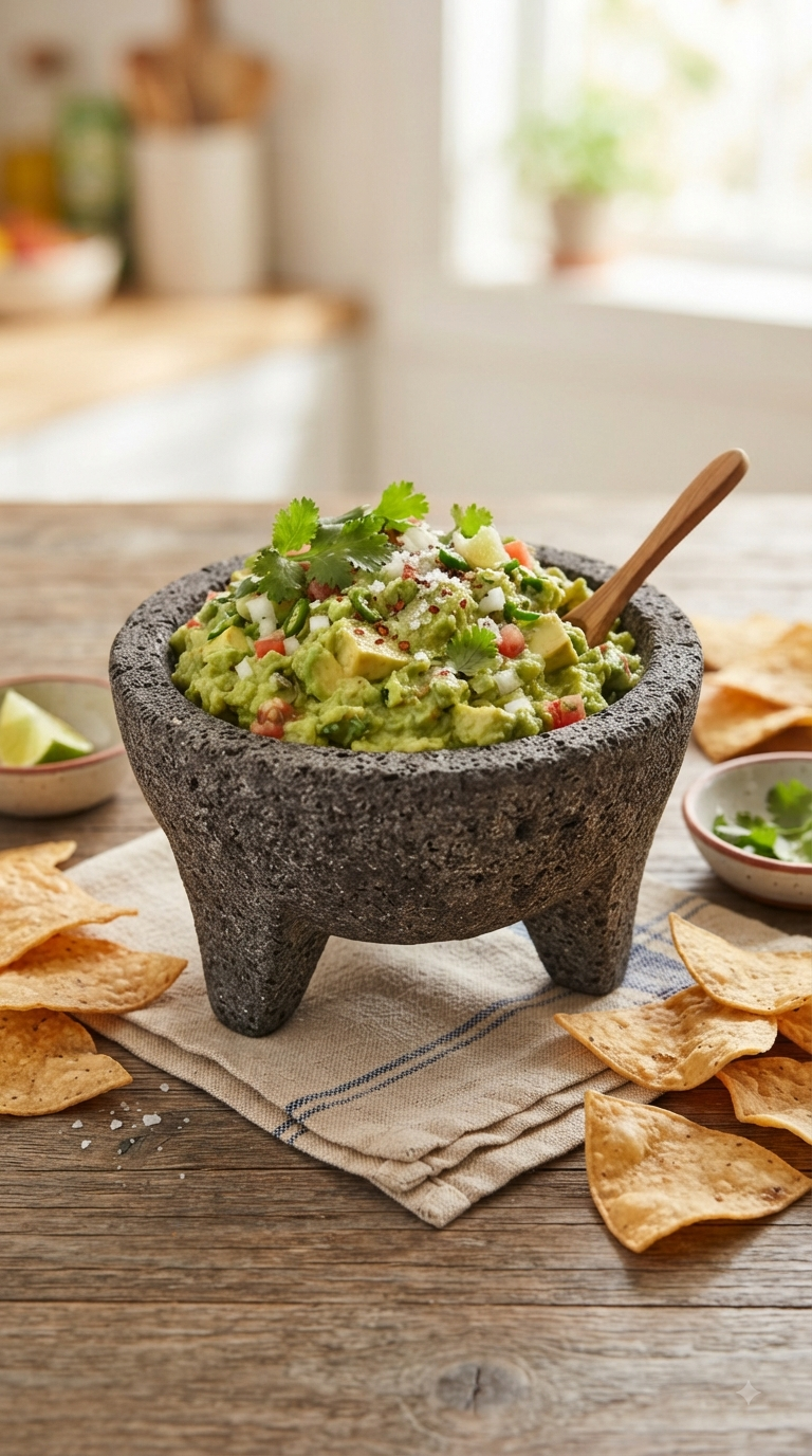 Bol de guacamole rustique avec chips de maïs autour