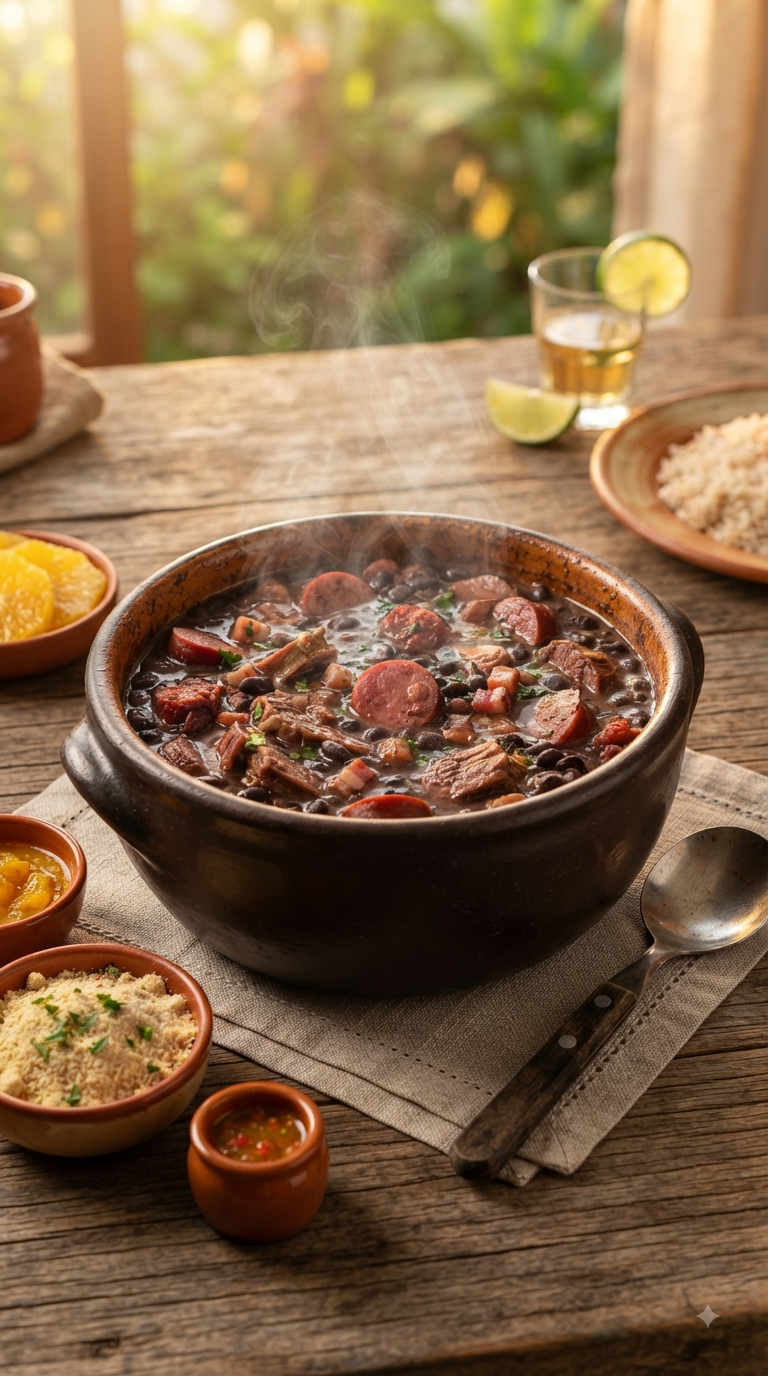 Feijoada fumante servie dans un chaudron en terre cuite