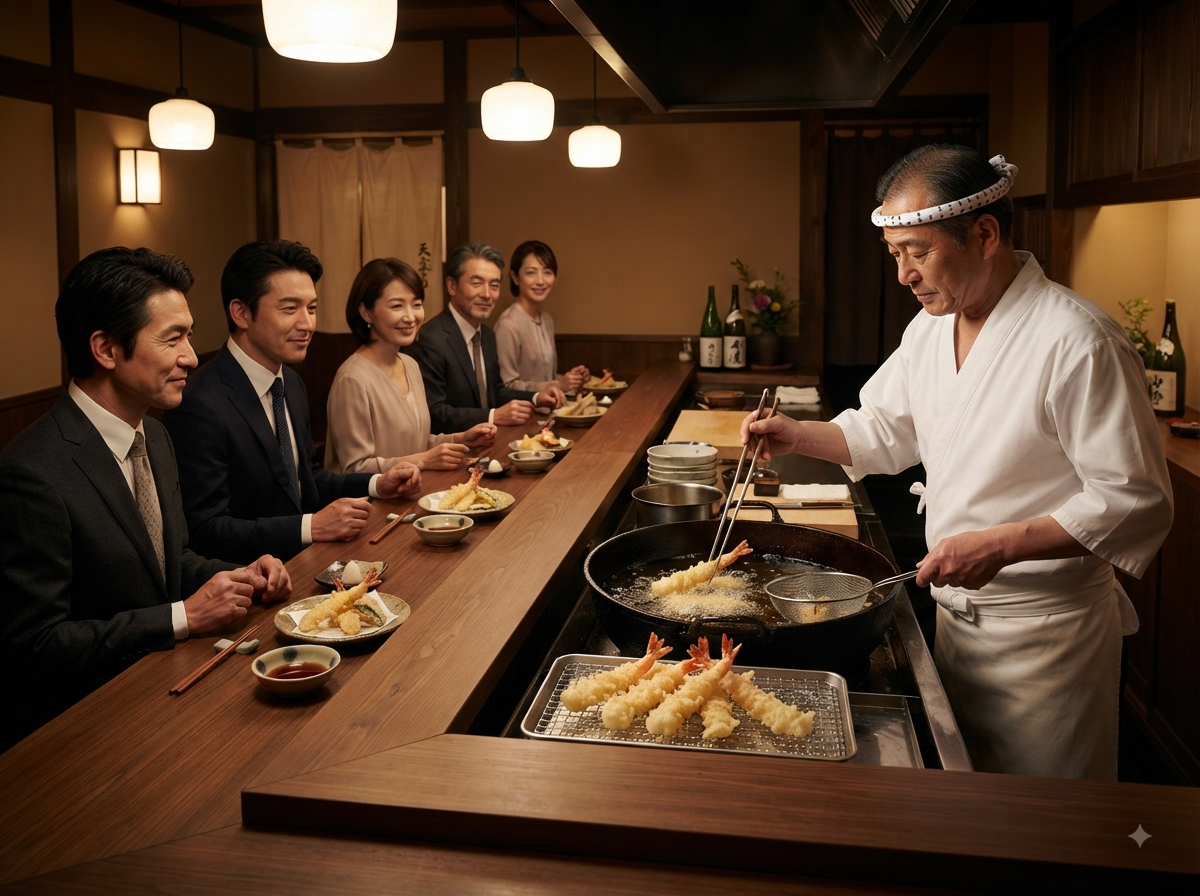 Comptoir de restaurant de tempura japonais traditionnel