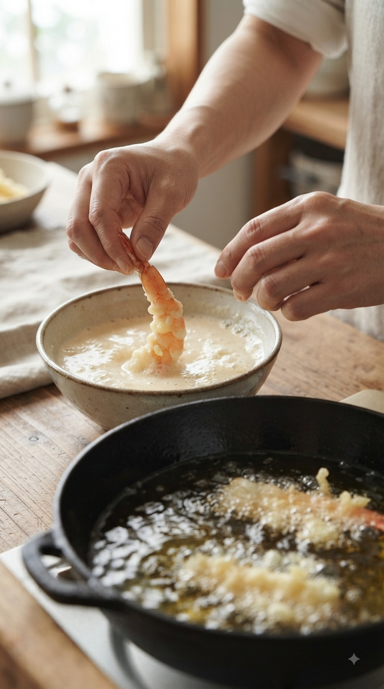 Mains trempant une crevette dans la pâte à tempura