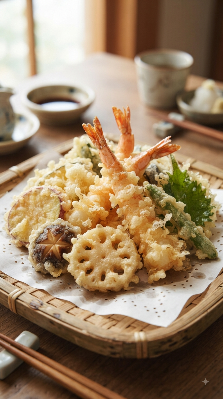 Tempura de crevettes et légumes empilés, croûte légère bien visible