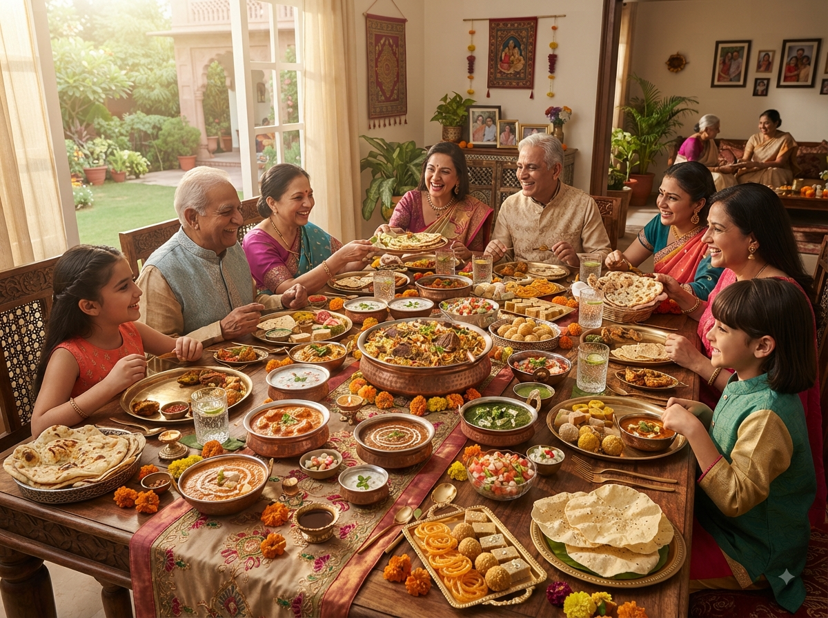 Table indienne dressée pour une fête familiale