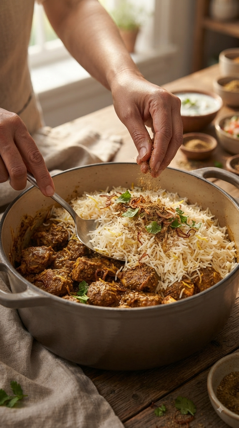 Mains superposant les couches de riz et de viande marinée