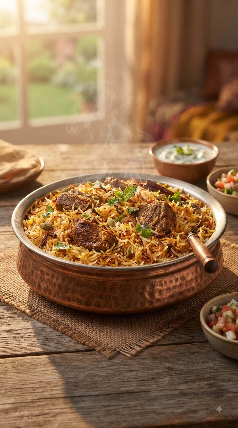 Biryani fumant dans un grand plat, riz safrané et viande visibles