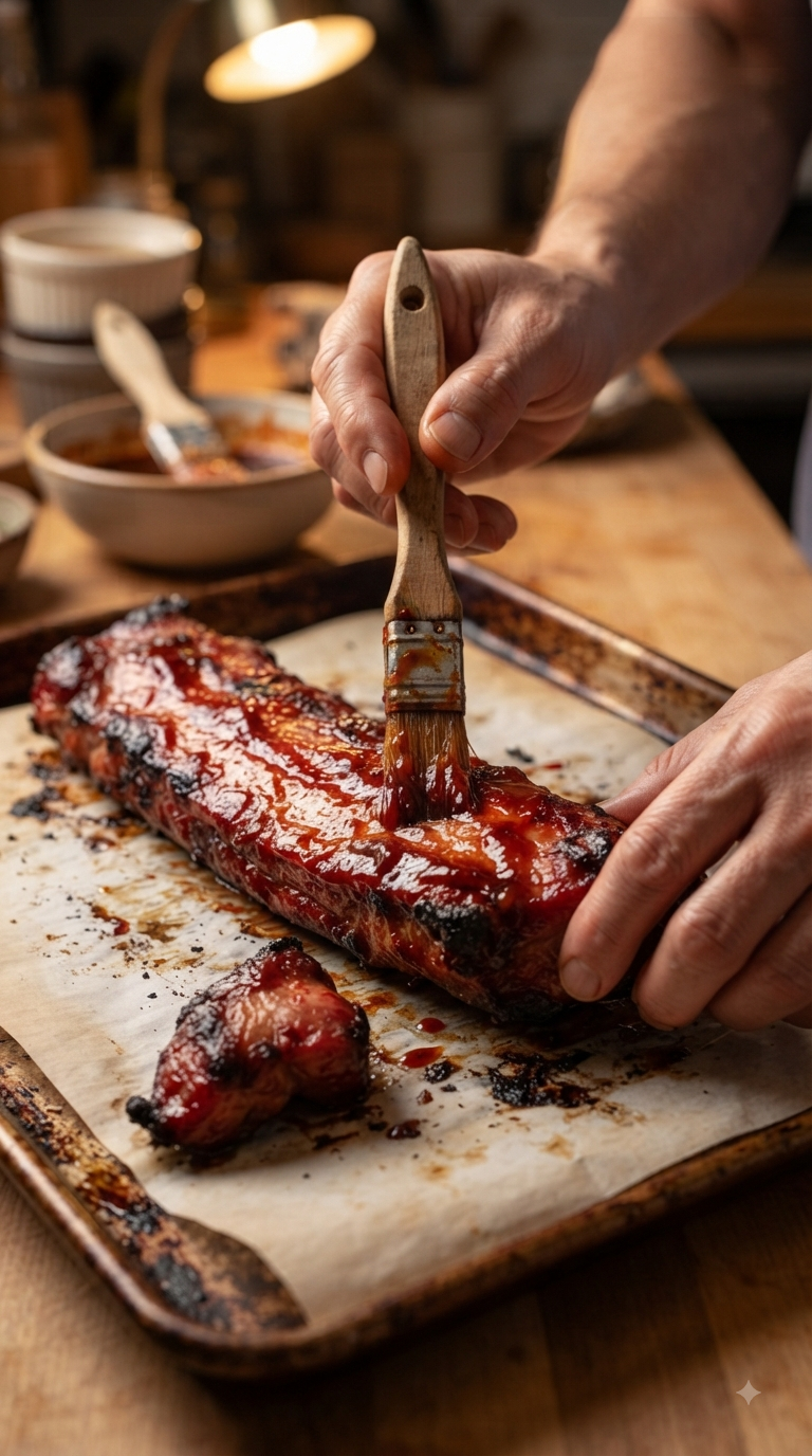 Mains badigeonnant la viande de sauce laquée avant cuisson