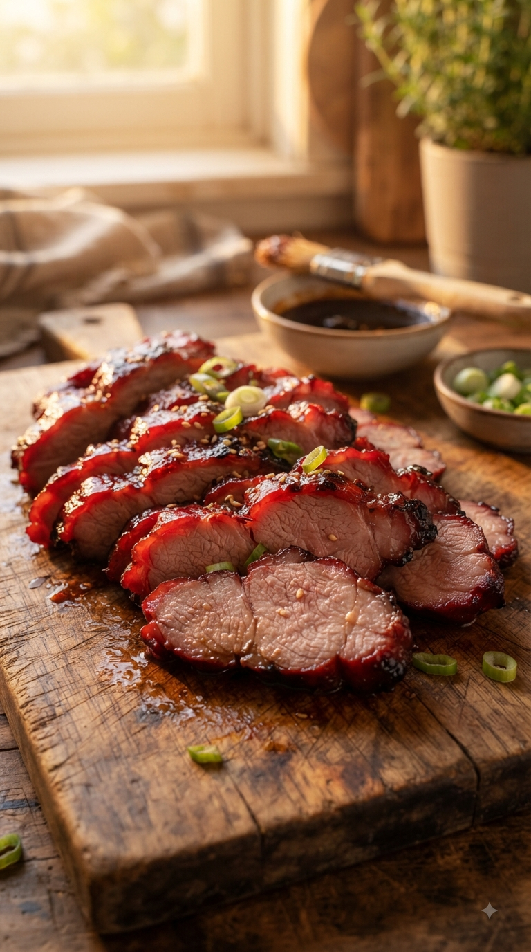 Tranches de char siu laqué rouge, brillantes et caramélisées
