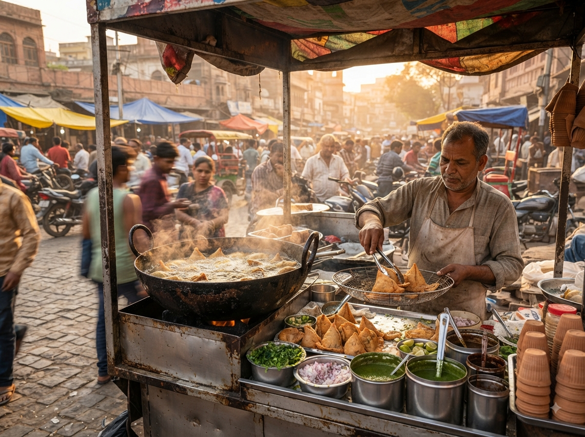 Stand de rue indien vendant des samosas fraîchement frits
