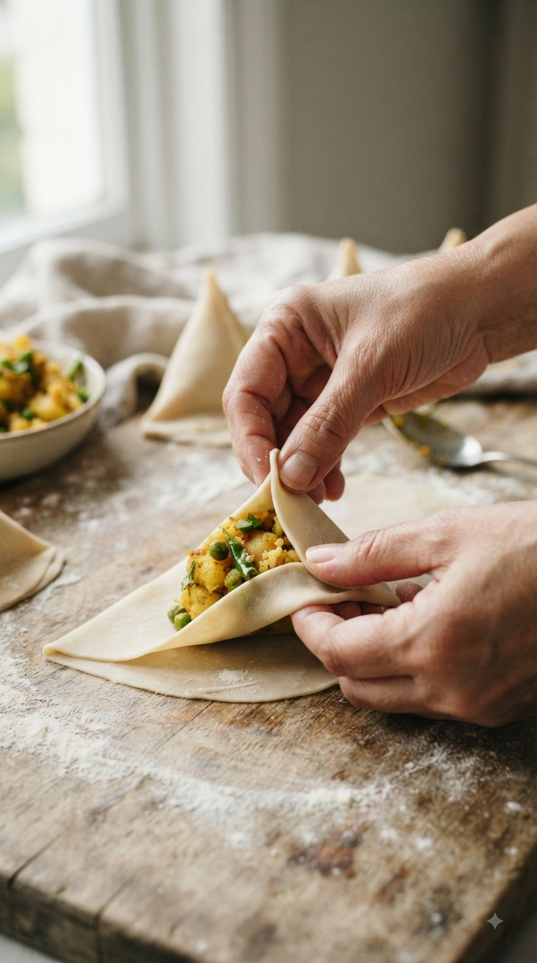 Mains pliant la pâte en triangle autour de la farce
