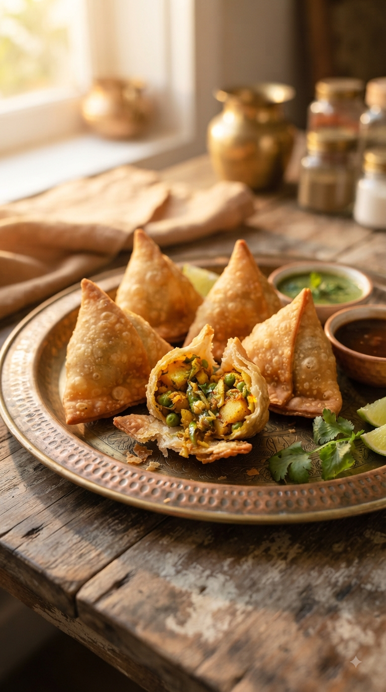 Samosas triangulaires dorés et croustillants, un ouvert révélant la farce épicée