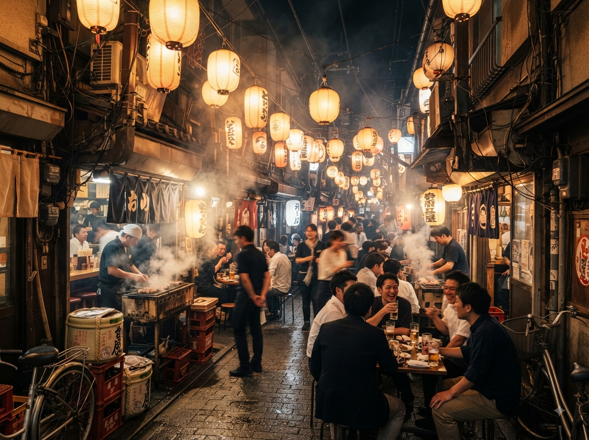 Ruelle d’izakaya japonaise éclairée de nuit