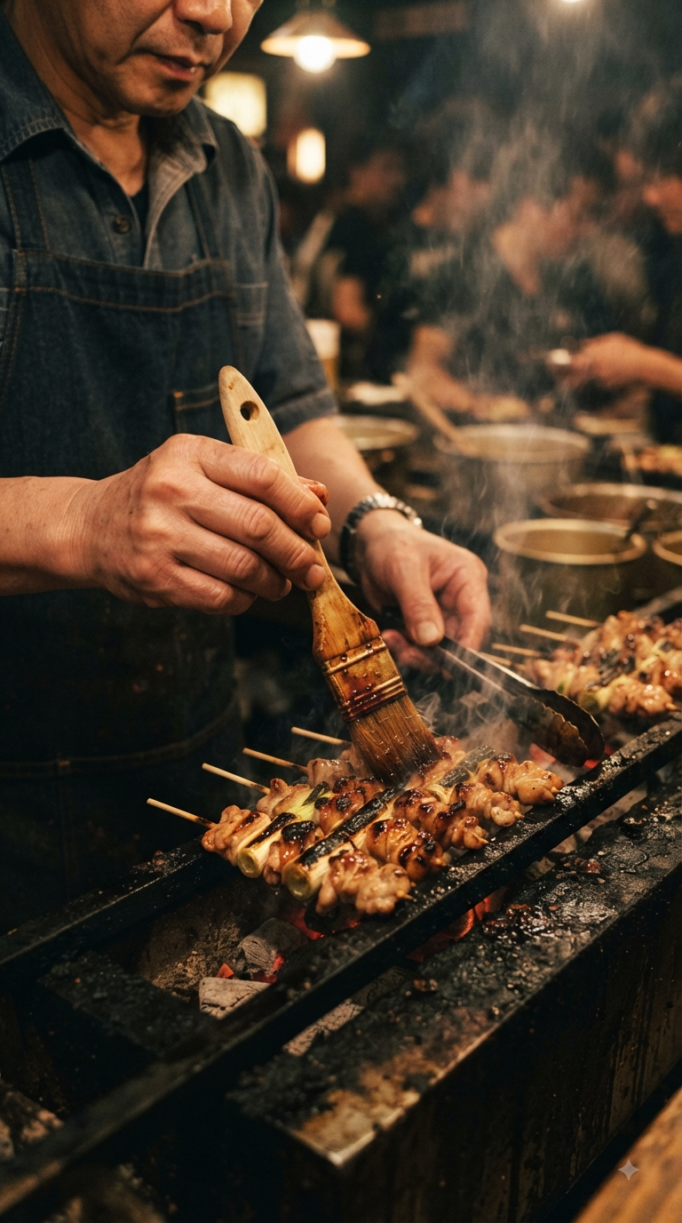 Mains badigeonnant les brochettes de sauce tare au pinceau