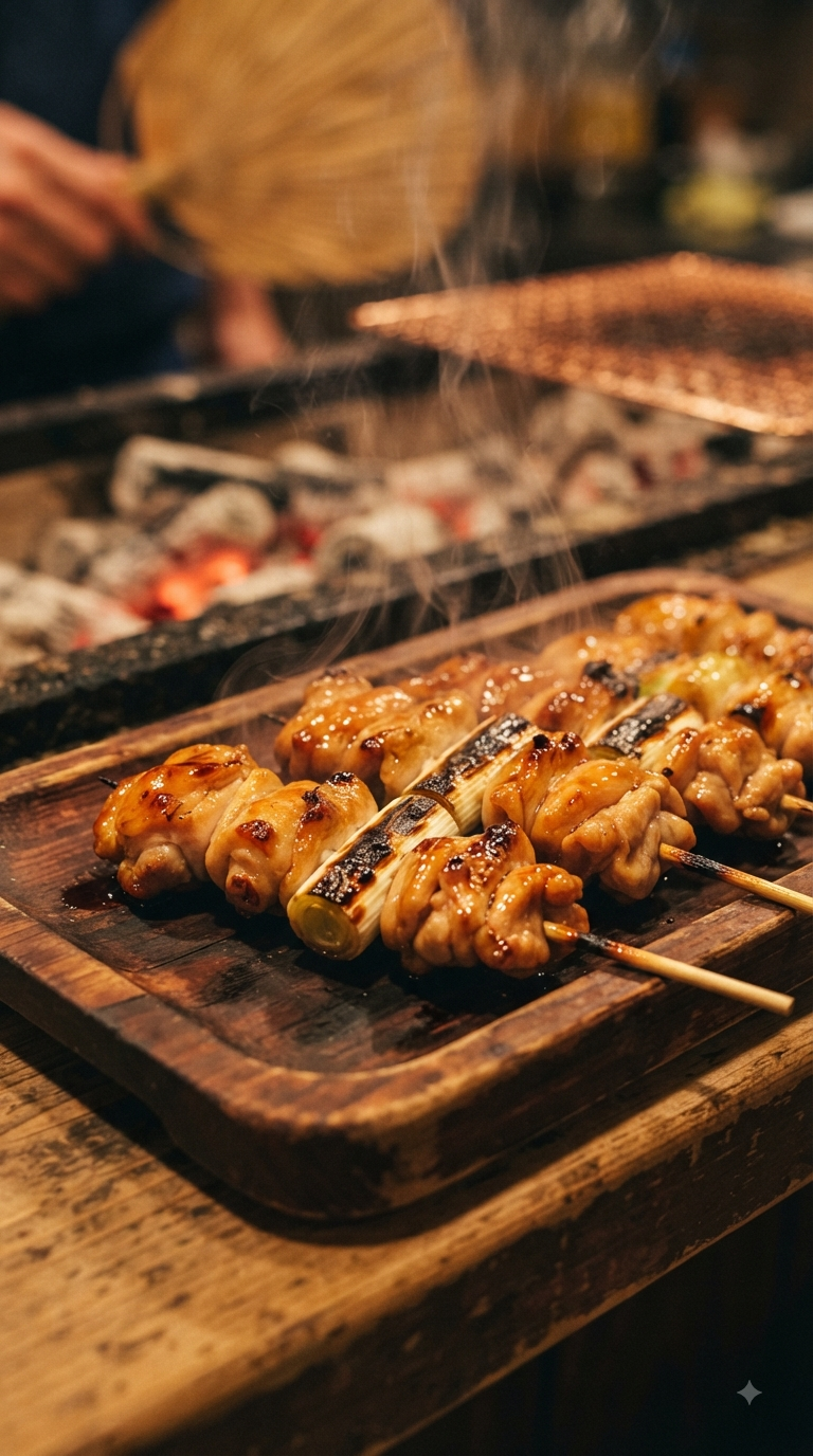 Brochettes de yakitori grillées, laquées et fumantes