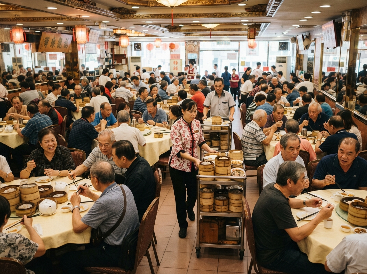 Salle de restaurant cantonais animée avec chariots de dim sum