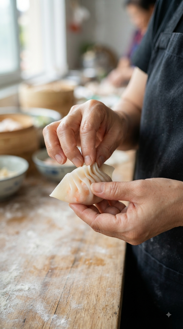 Mains pliant délicatement un ravioli vapeur
