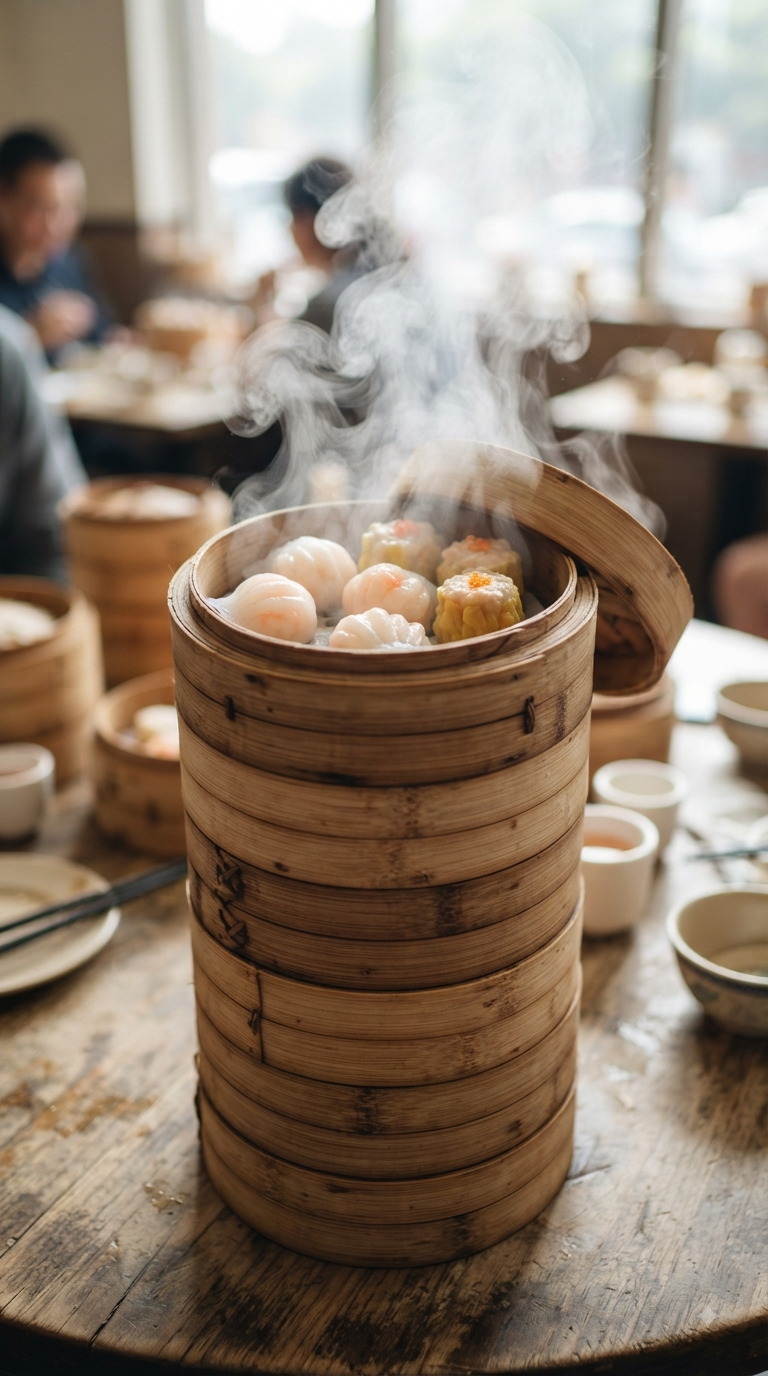 Paniers de dim sum empilés, vapeur s’échappant des raviolis