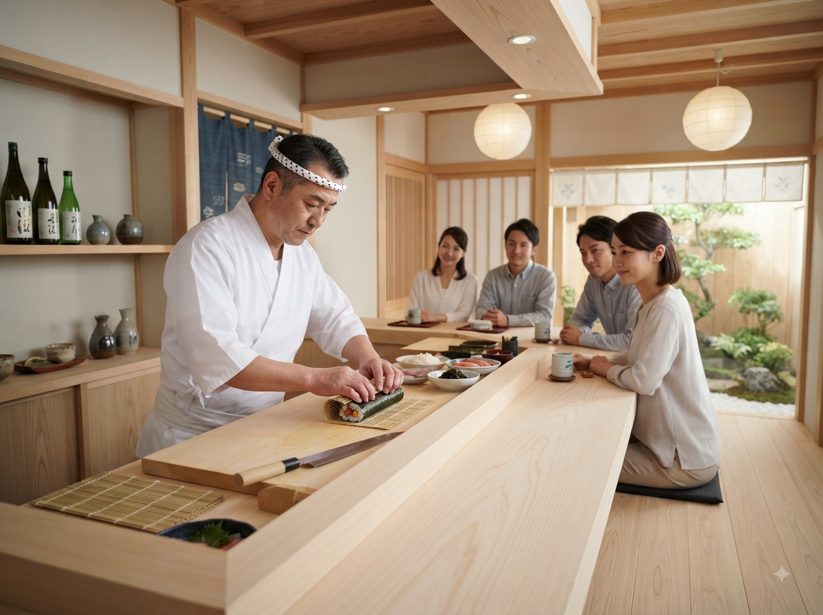 Comptoir de restaurant à sushi japonais traditionnel