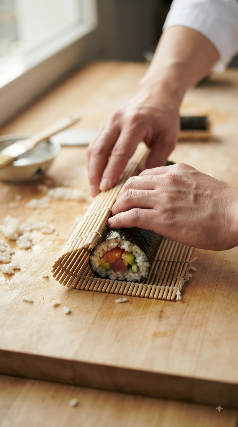Mains roulant le maki à l’aide d’une natte en bambou