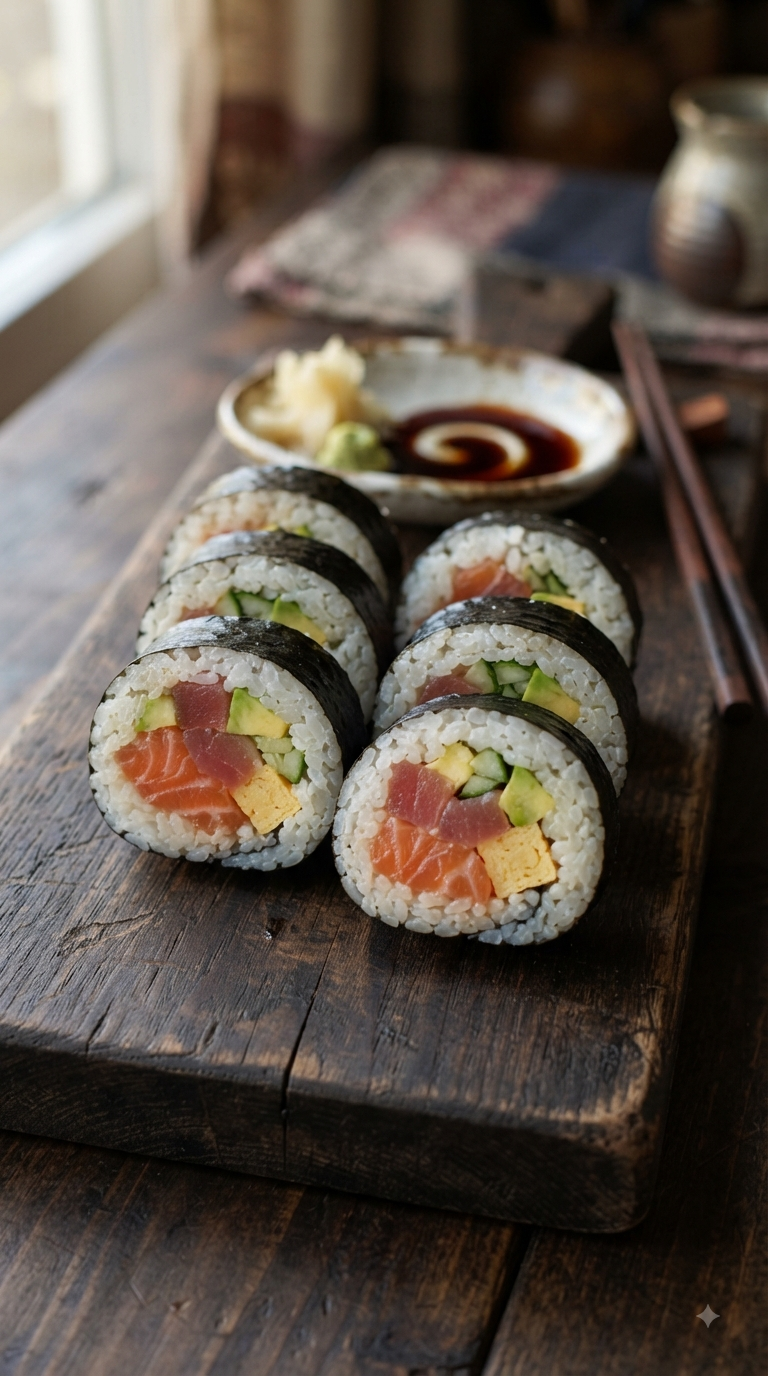Rouleaux de maki découpés, coupe nette révélant la garniture