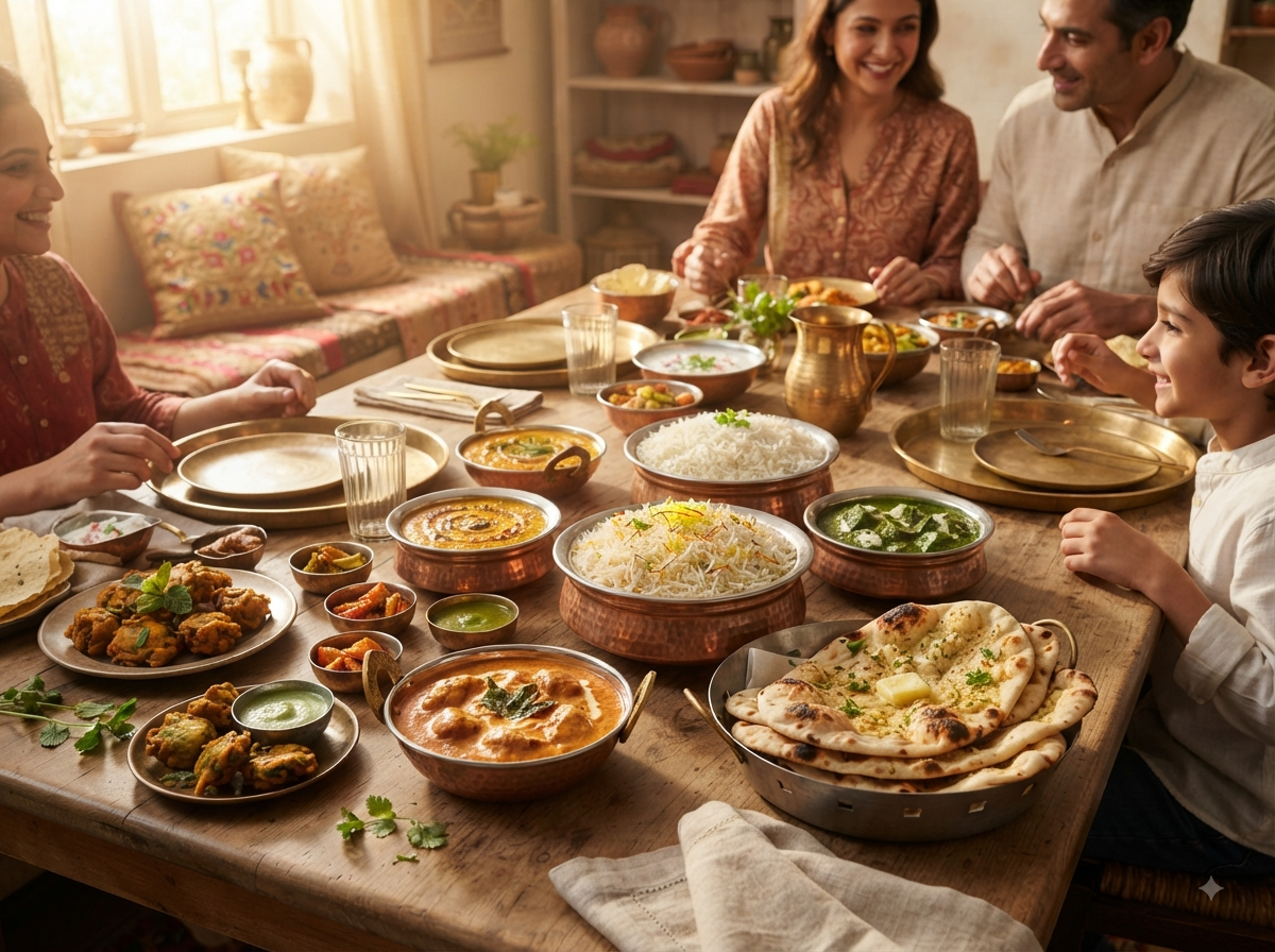 Table indienne dressée avec naan et riz basmati