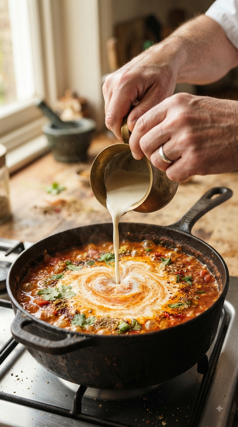 Mains versant la crème dans la sauce tomate épicée