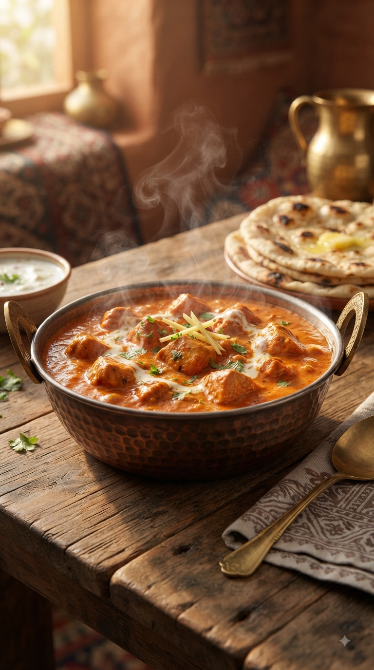 Butter chicken fumant dans sa sauce tomate crémeuse et orangée