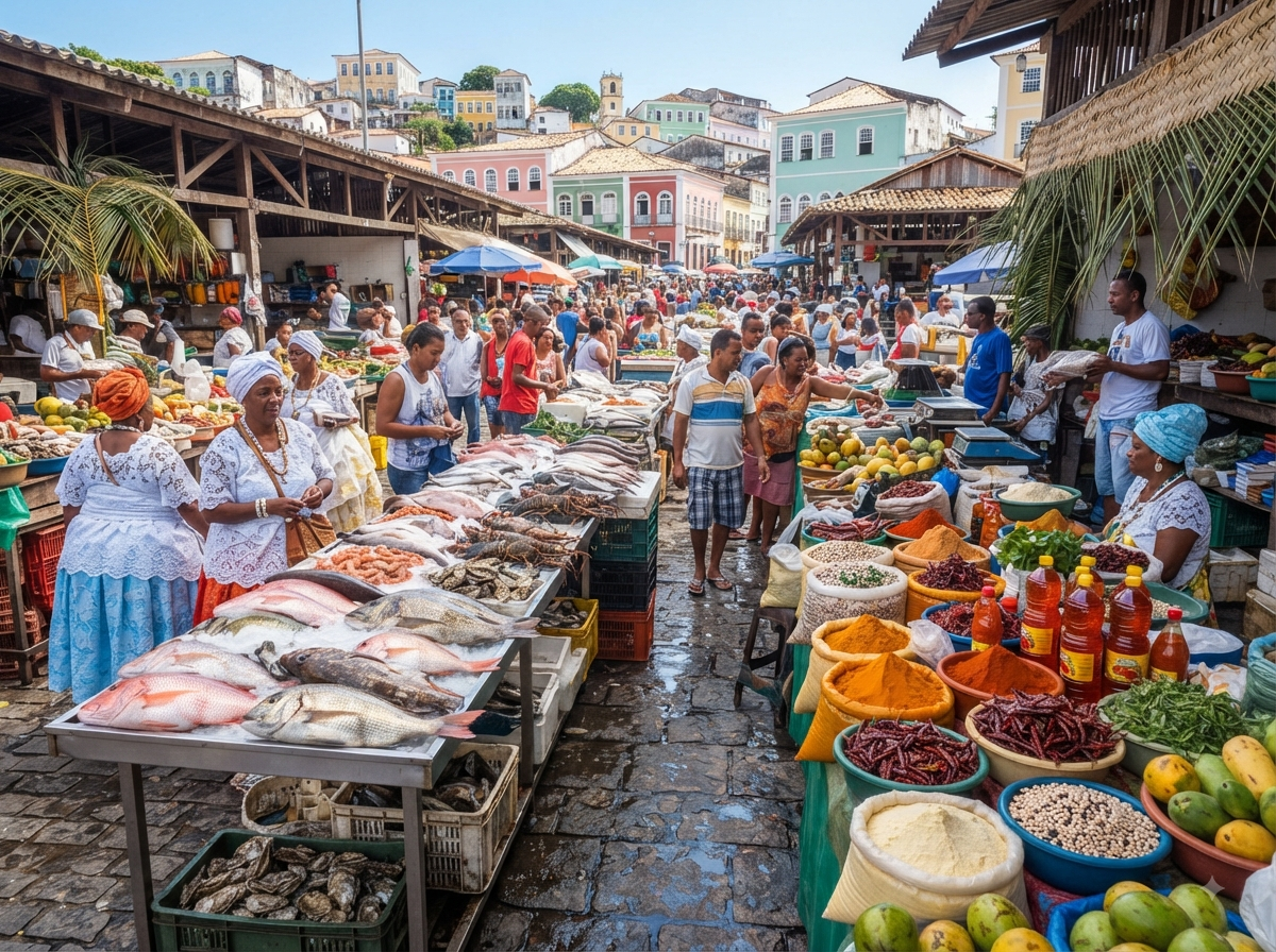 Marché de Salvador de Bahia avec étal de poissons colorés