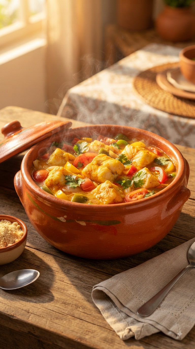 Moqueca fumante dans son plat en terre cuite traditionnel