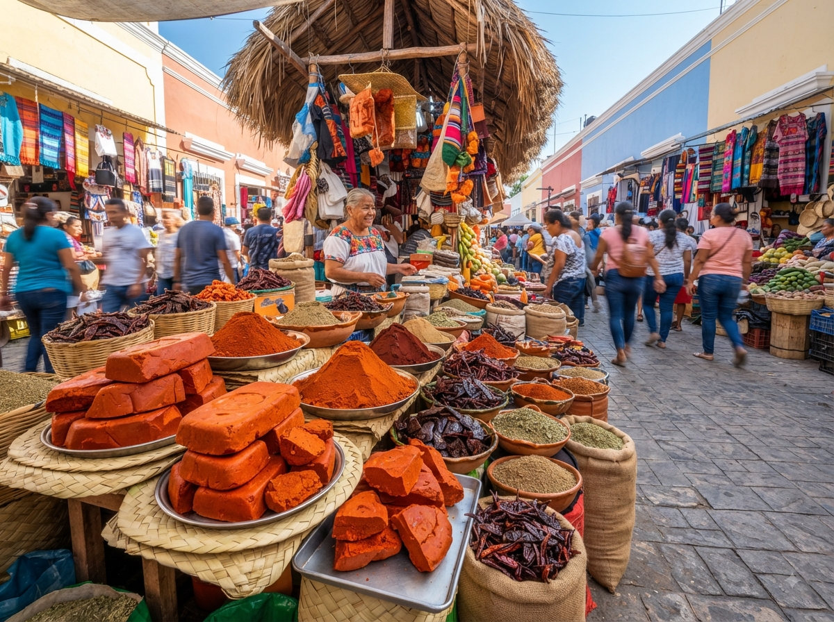 Marché du Yucatán avec étal d’épices et de rocou
