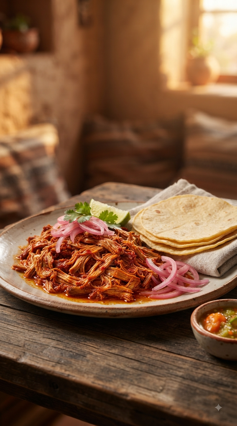 Cochinita pibil effilochée, couleur rouge orangée caractéristique