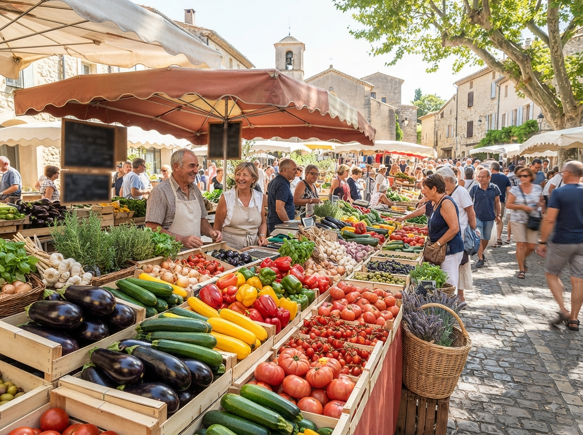Marché provençal avec étal de légumes méditerranéens colorés