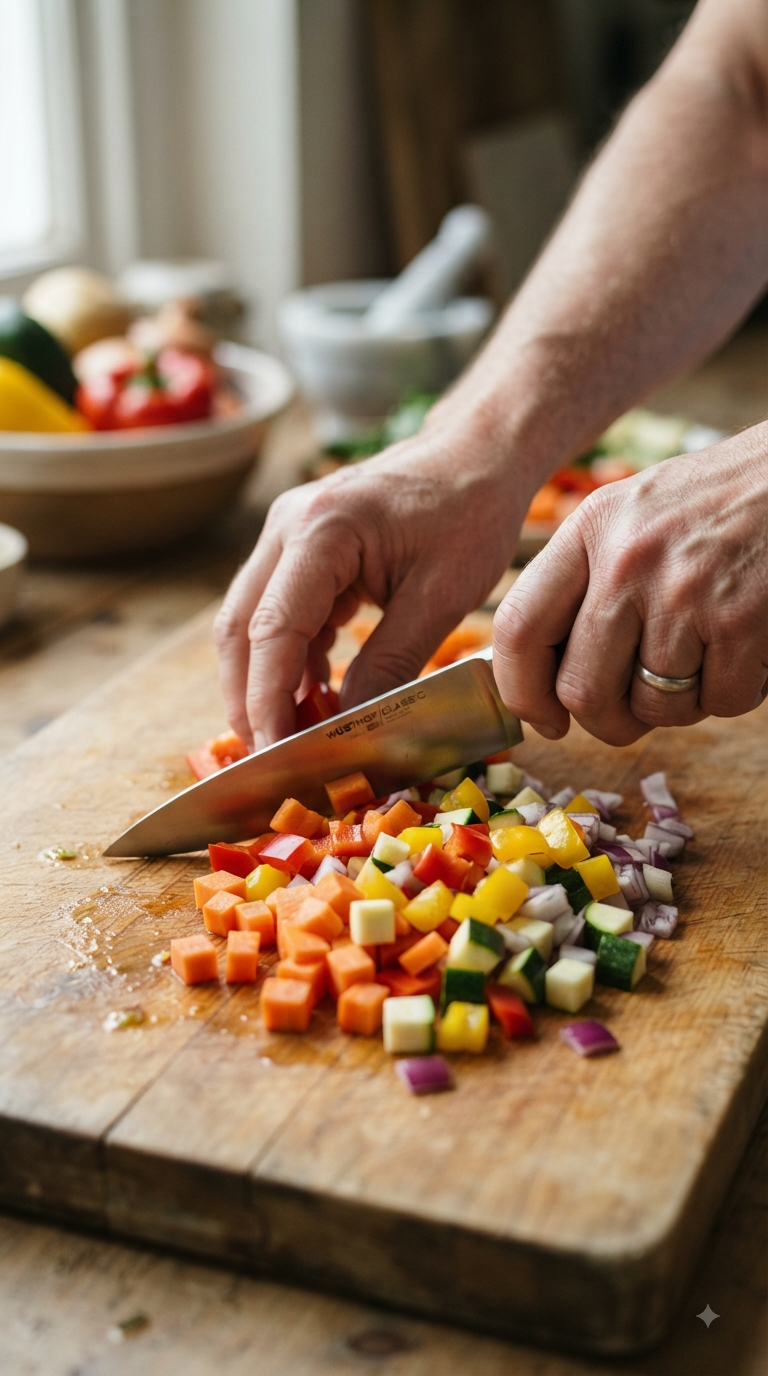 Mains coupant les légumes colorés en dés réguliers