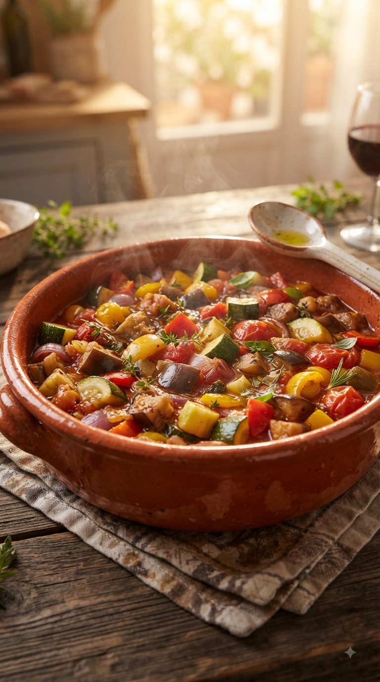 Ratatouille mijotée, légumes colorés bien identifiables dans le plat
