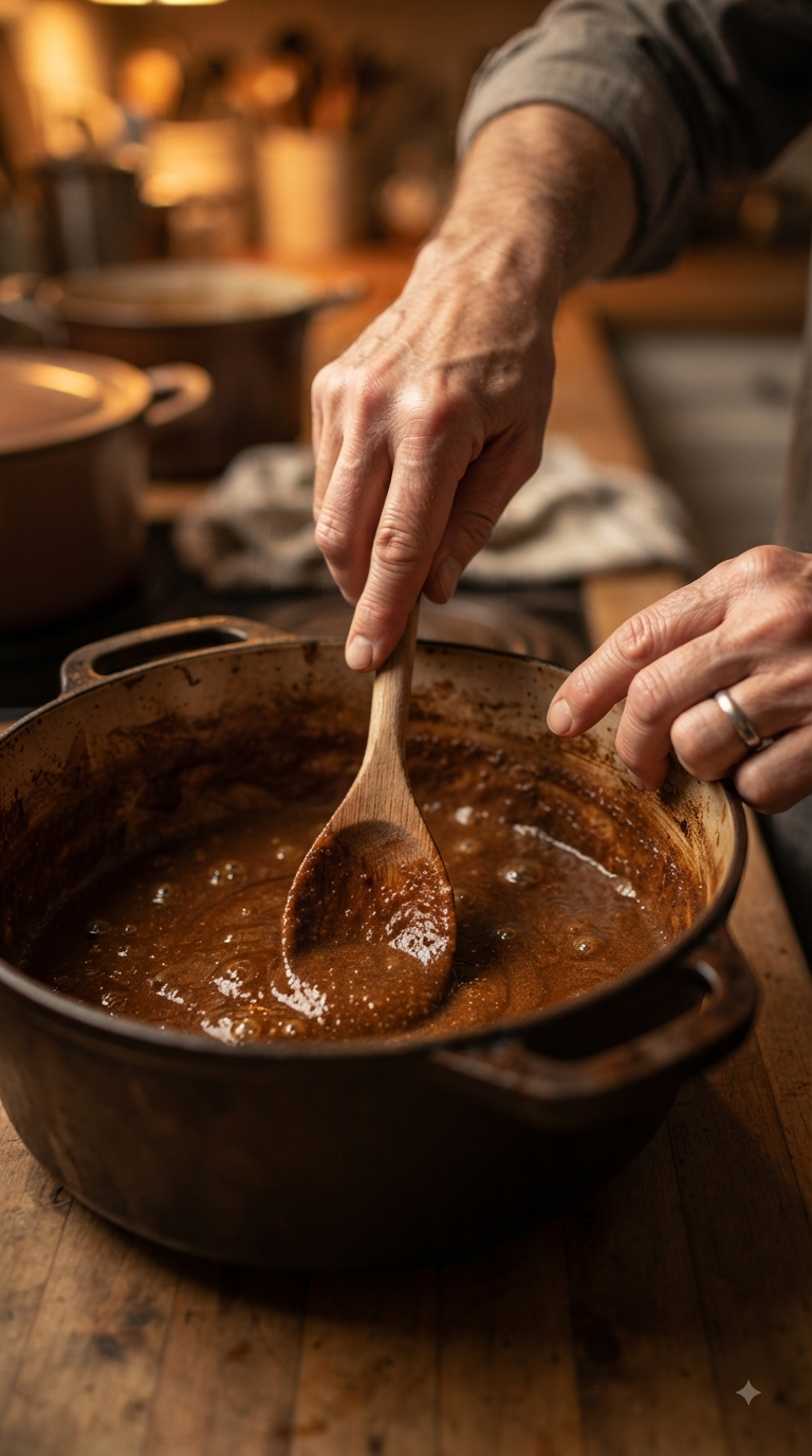 Mains remuant le roux brun dans une cocotte en fonte