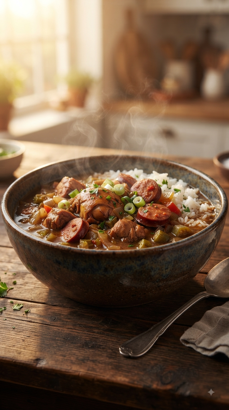 Gumbo fumant servi sur du riz blanc dans un bol profond