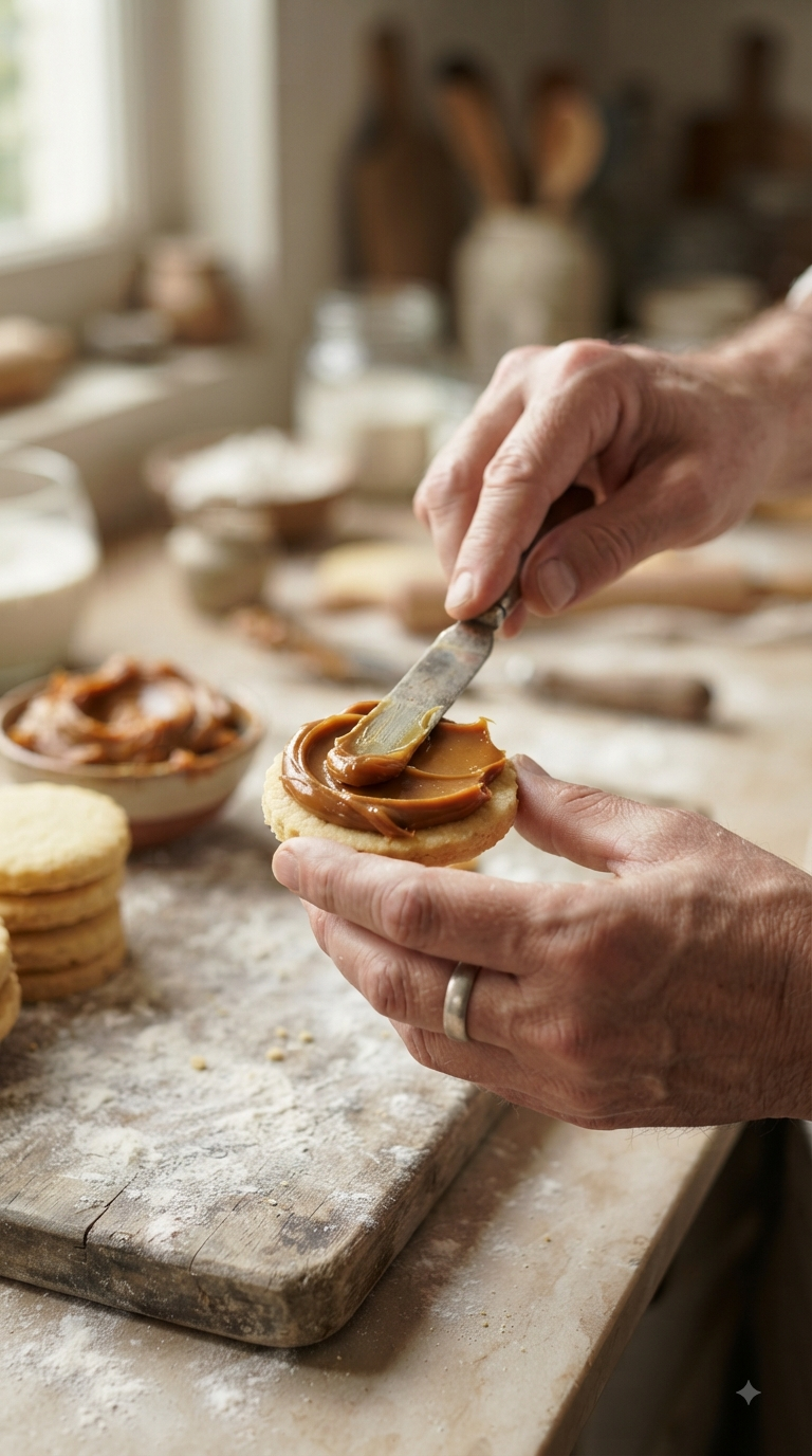 Mains étalant le dulce de leche sur un sablé