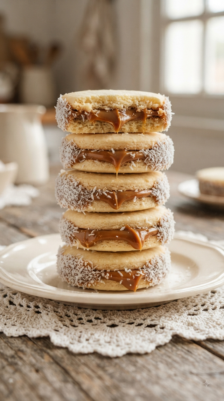 Alfajores empilés, dulce de leche coulant légèrement sur les bords