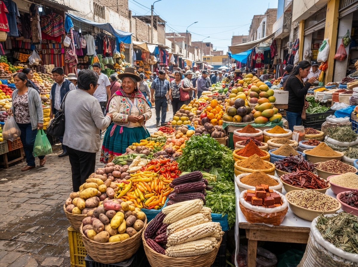 Marché de Lima avec étal de légumes et épices péruviennes