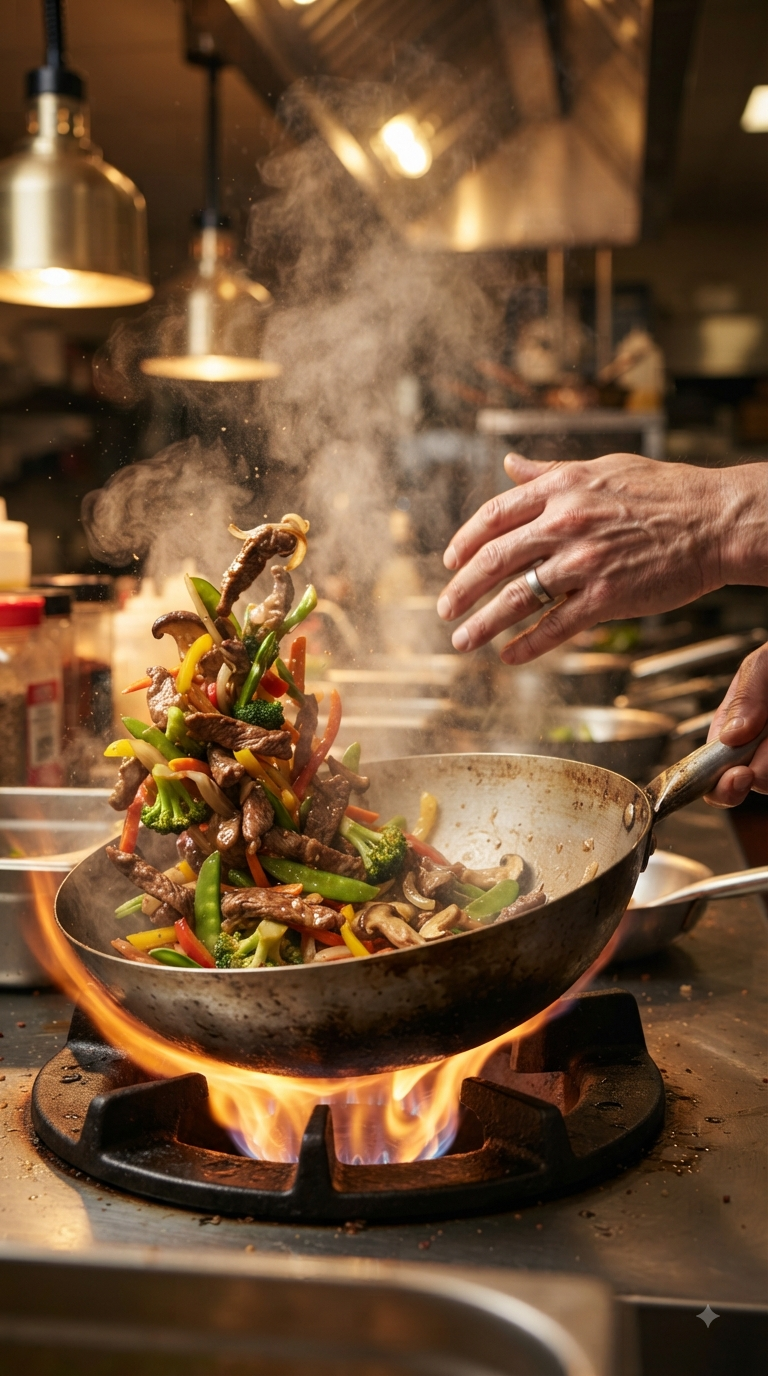 Mains sautant la viande et les légumes dans un wok fumant