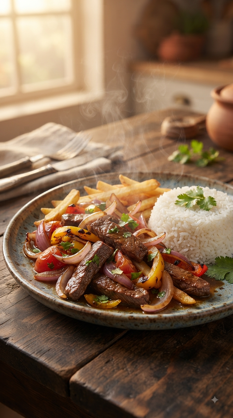 Lomo saltado fumant, bœuf et frites bien visibles dans le wok