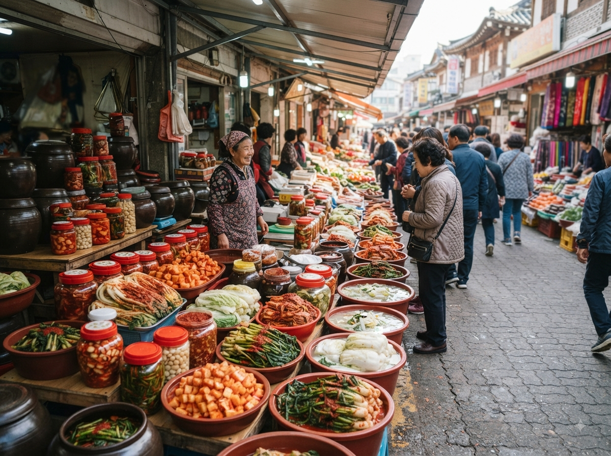 Marché coréen avec étal de bocaux de kimchi variés