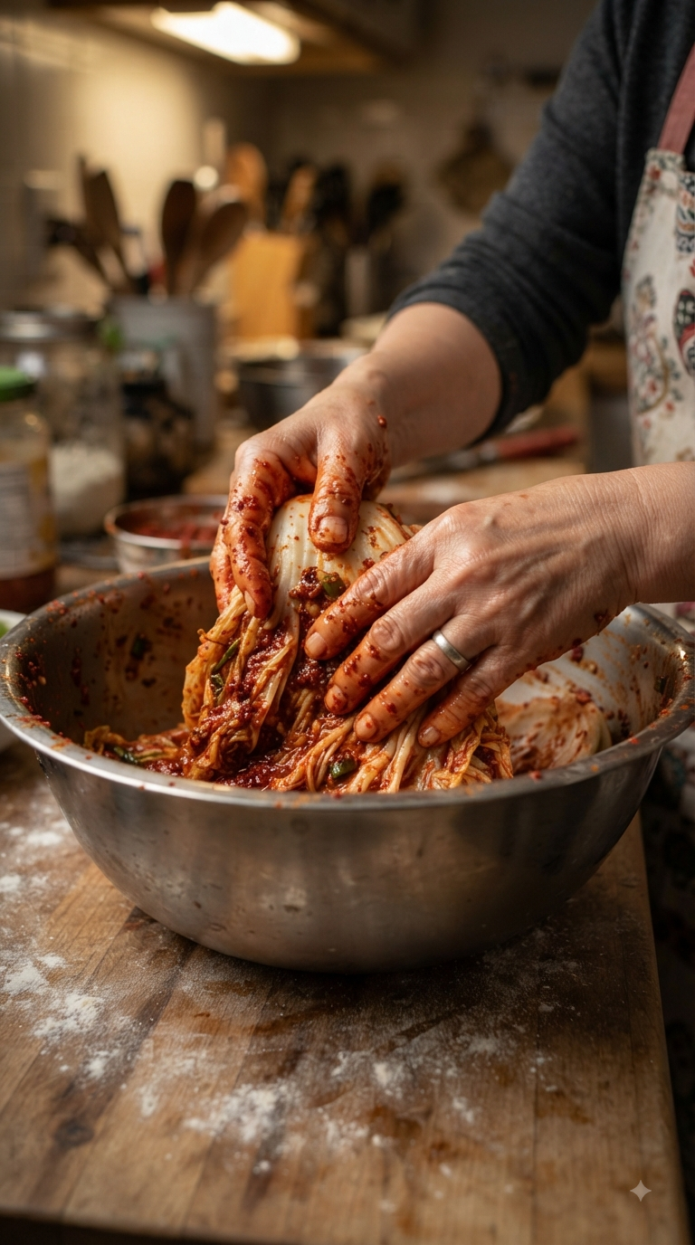 Mains massant la pâte de piment dans les feuilles de chou
