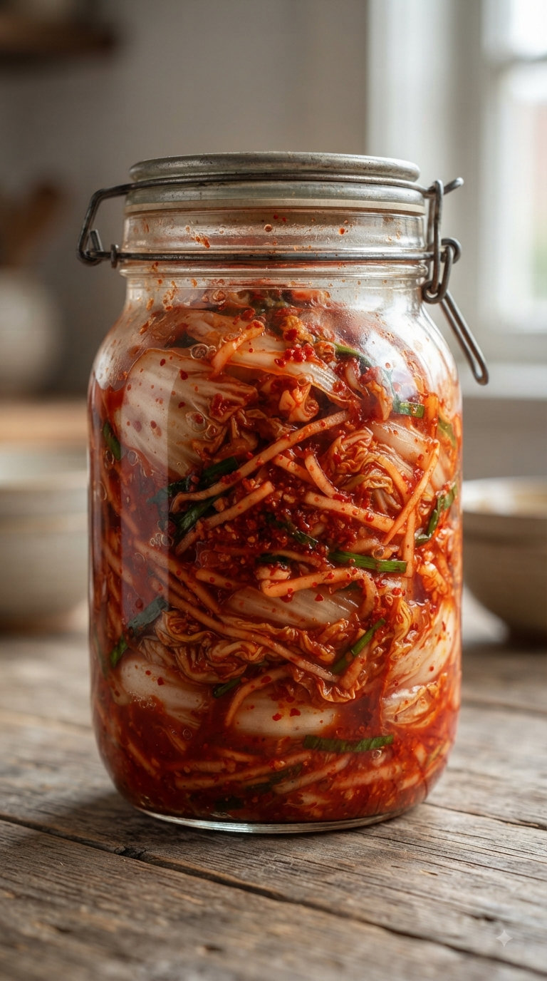 Kimchi rouge vif dans un bocal, texture fermentée bien visible