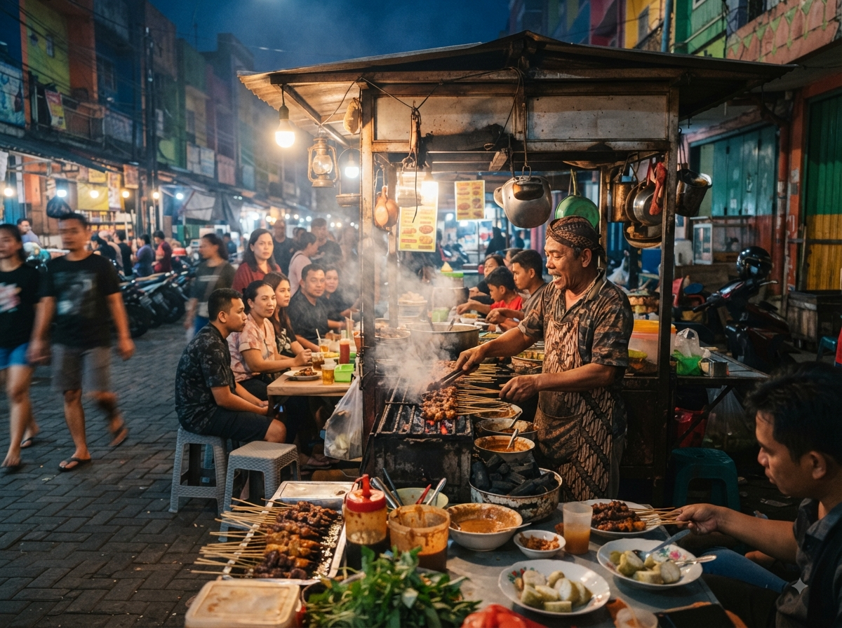 Stand de rue indonésien vendant des satay le soir