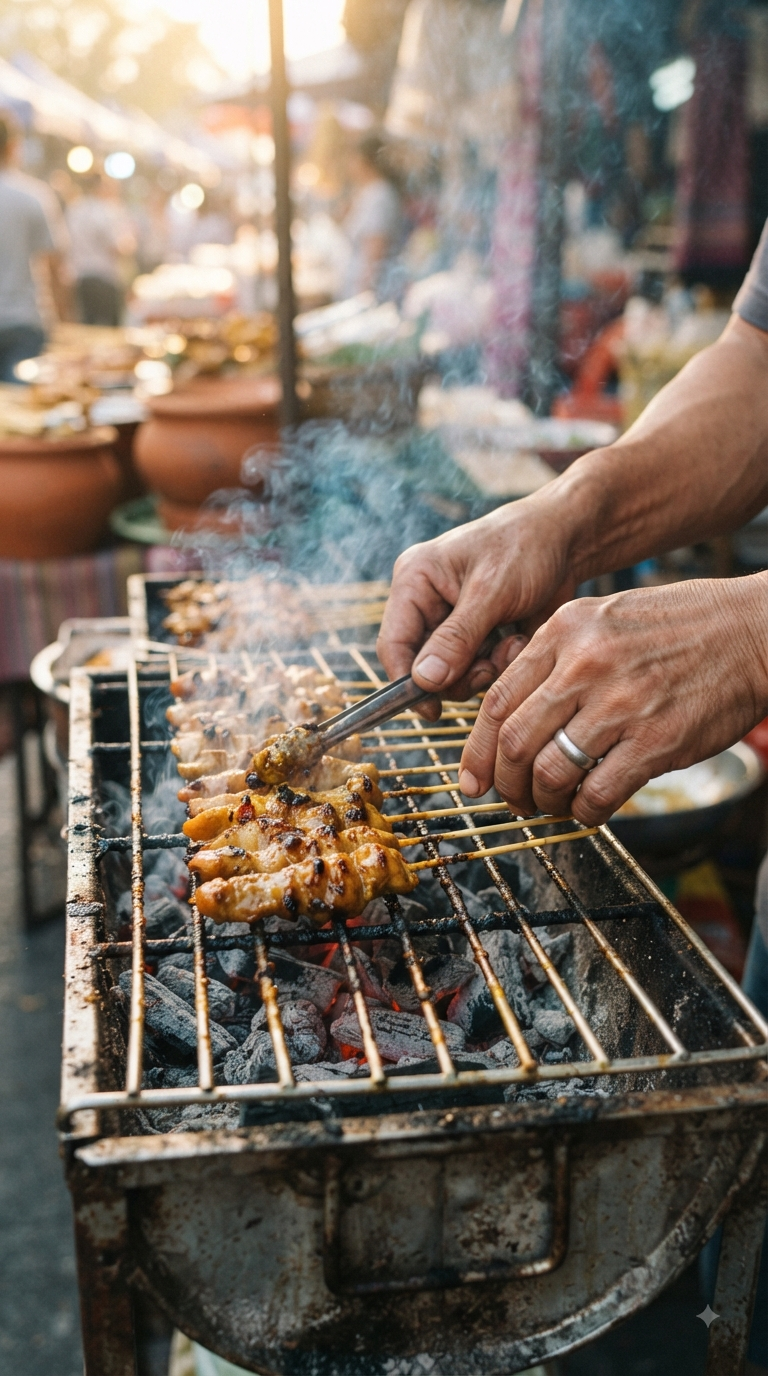 Mains grillant les brochettes au-dessus des braises