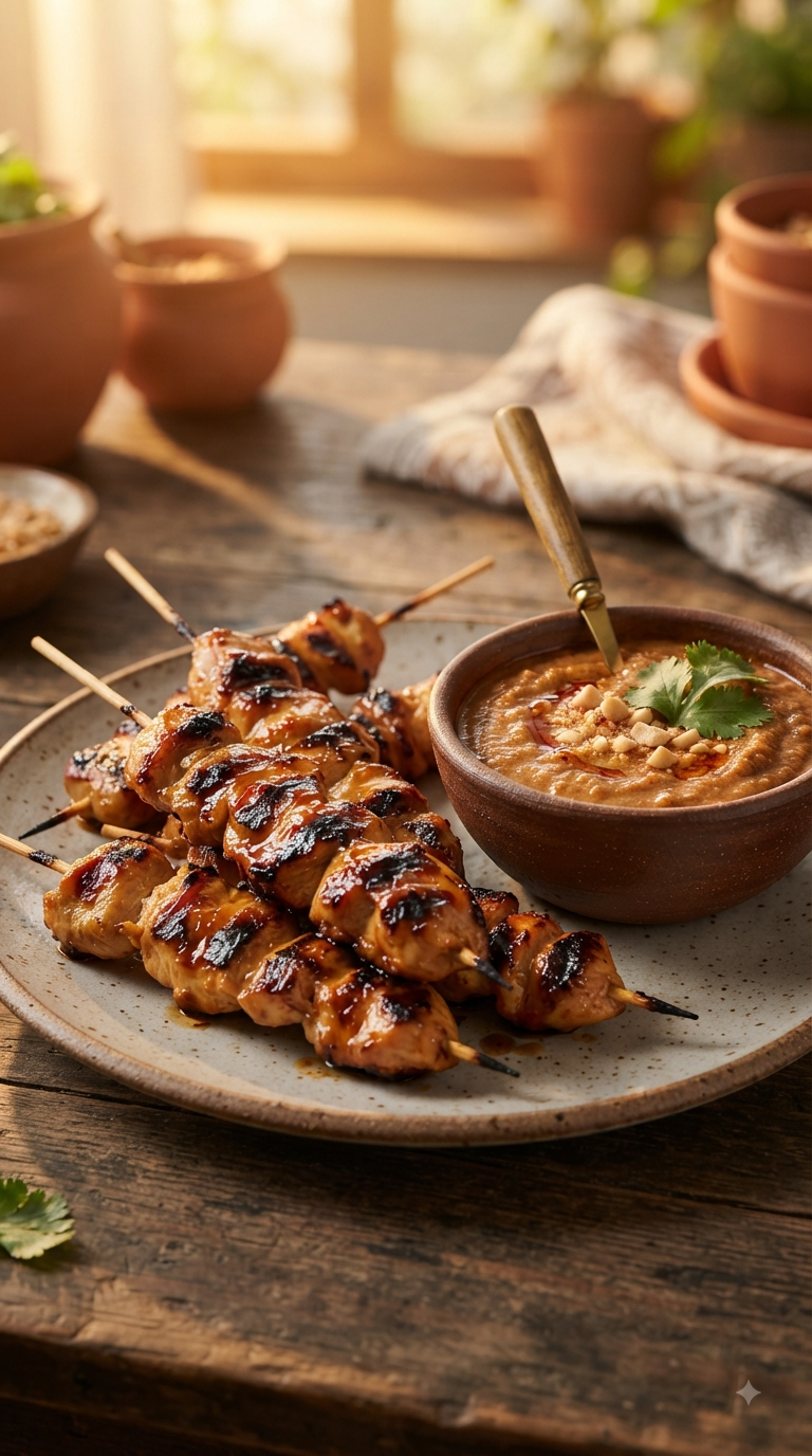Brochettes de satay grillées, sauce cacahuète généreuse à côté