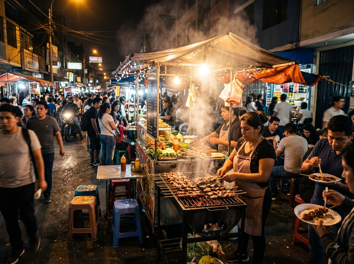 Stand de rue péruvien vendant des anticuchos le soir